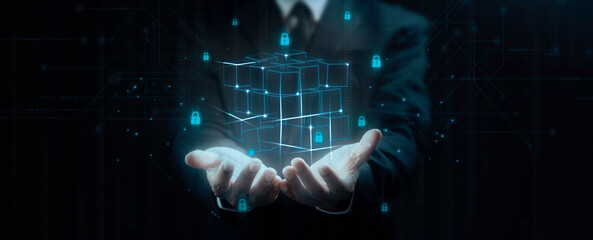 Blockchain Technology Concept, Businessman showing Decentralized Global Networking, Secure...