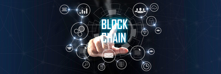 businessman touching a smart contract and executing a cryptocurrency transaction with blockchain...