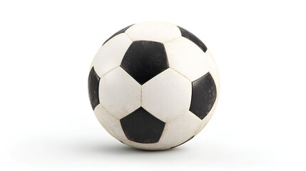 Obraz premium A worn black and white soccer ball isolated against a white background.