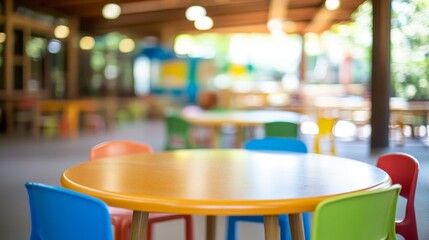 Empty Colorful Kids Table in Blurred Daycare or Preschool Cafeteria, Back to School Concept