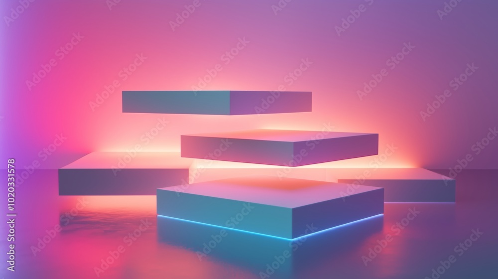 Poster floating rectangular platforms illuminated with colorful lights against an abstract background in a 
