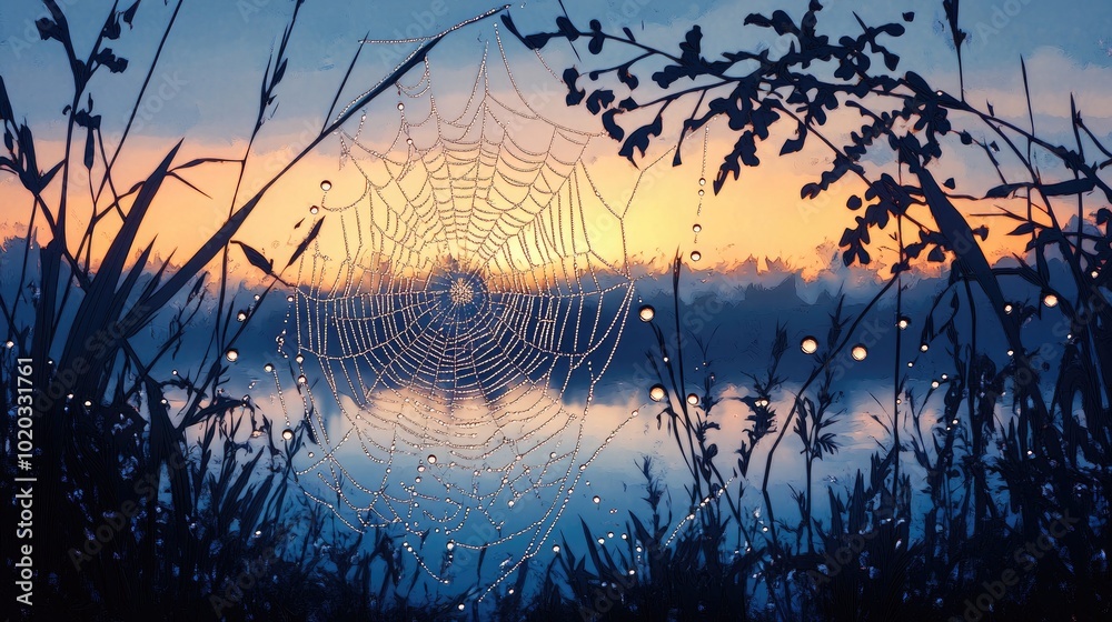 Aufkleber Close up of a spider web adorned with water droplets captured in soft morning light showcasing an abstract monochrome aesthetic in a serene marsh setting