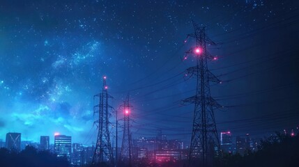 Urban power network with electrical towers glowing, beams of energy crisscrossing under a starry sky, futuristic city skyline