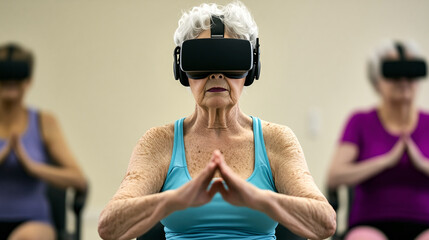 Senior woman using vr technology for meditation and relaxation