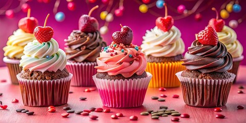 A delightful array of cupcakes adorned with swirls of frosting, colorful sprinkles, and fresh cherry toppings, arranged on a vibrant pink surface, creating a tempting visual feast.