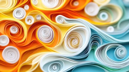 Vibrant paper quilling design with orange, yellow, and white forming waves on a gentle blue background, close-up focus.