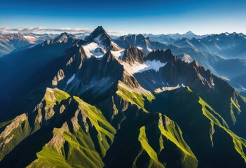 breathtaking aerial views magnificent mountain peaks surrounded lush valleys clear blue skies, landscape, forest, summit, rock, terrain, nature, horizon