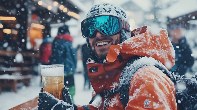 A snowboarder having fun at a ski resort bar with friends in winter. Crowded winter destination, skiing in the Alps, snowboarding season.