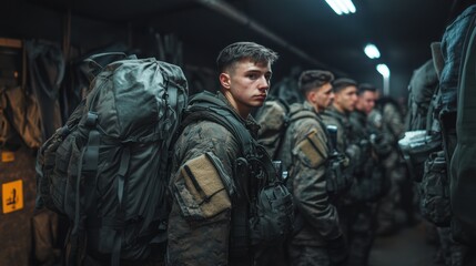 Fototapeta premium Soldiers Preparing for Deployment with Gear