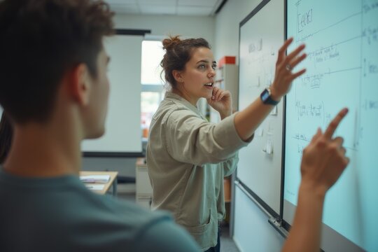 Female teacher explaining concept on interactive whiteboard to students, classroom discussion, modern teaching, collaborative learning