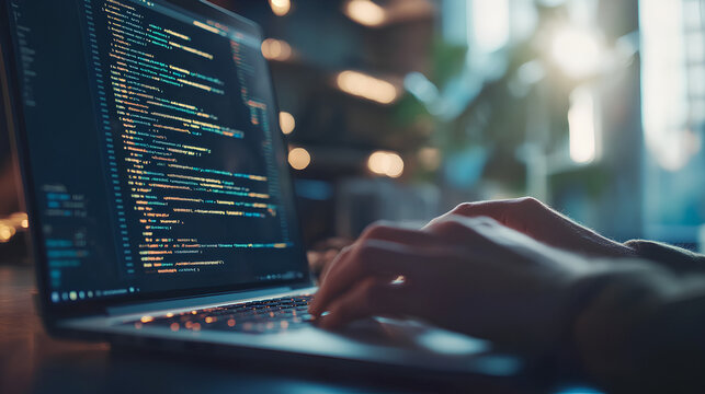 Closeup of a person's hands typing code on a laptop with a blurred background.
