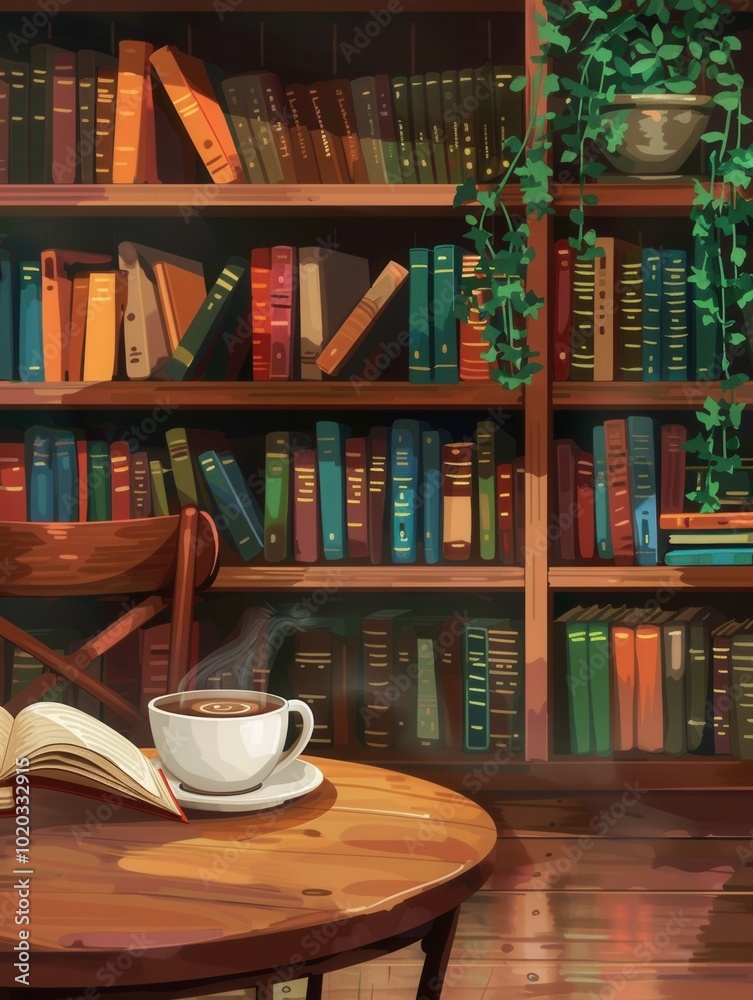 Aufkleber a warm ambiance sets the stage in this book cafe, where a steaming cup of coffee rests next to an op