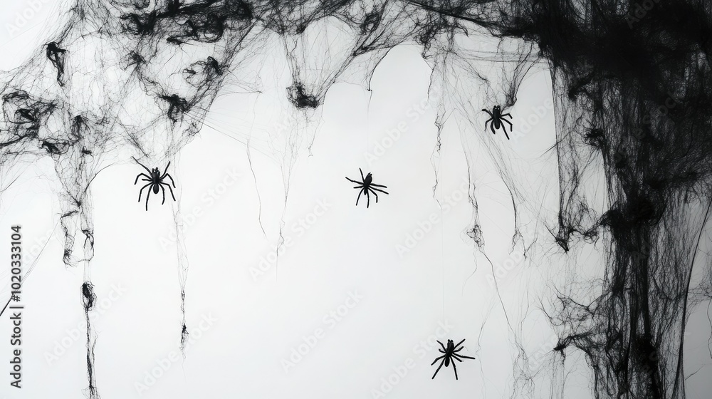 Fototapete white background decorated with black cobwebs and small spiders hanging from thin threads, creating 