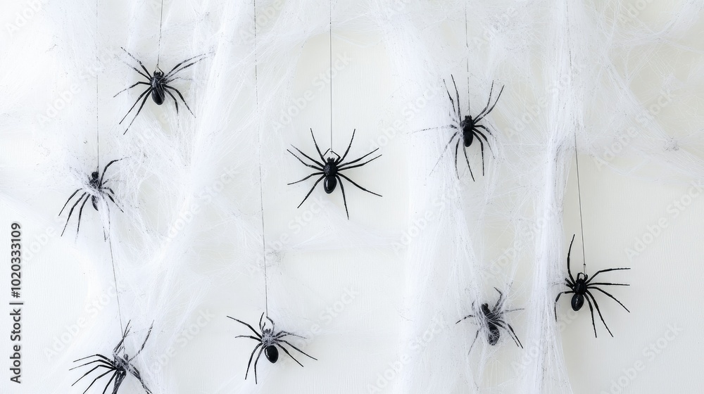 Fototapete White background decorated with black cobwebs and small spiders hanging from thin threads, creating a spooky Halloween look