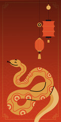 Chinese New Year snake. 2025 holiday banner. Golden serpent on red background. Zodiac animal mascot. Horoscope character, traditional Asian ornament. Congratulation poster. Vector illustration