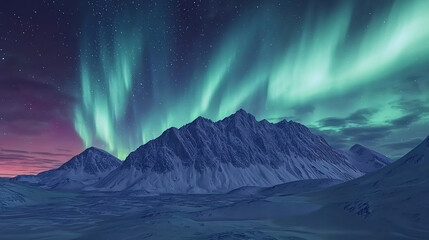 Stunning Aurora Borealis Over Snowy Mountain Landscape. Beautiful illustration of the Northern Lights illuminating a serene snowy mountain range under a starry night sky.