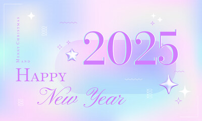 2025 New Year hologram banner. Neon gradient background, bubble chrome 3d stars, cosmic greeting Christmas flyer design. Futuristic aesthetics, future y3k contemporary art.