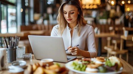 Woman working on laptop in cafe with food and drink.