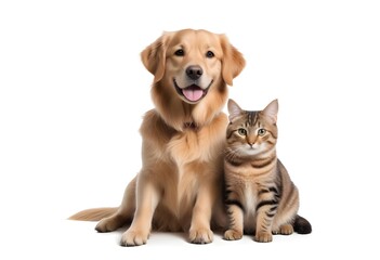 A young golden retriever dog and a cat sitting together, both looking at the camera with friendly expressions