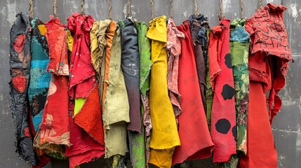 Toxic textile garments covered in chemical stains and residue symbolizing environmental damage Stock Photo with side copy space