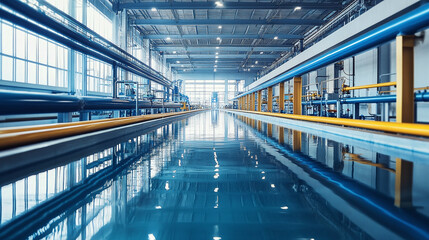 Obraz premium Modern water management systems in factory showcase advanced technology and efficient design. blue pipes and clear water reflect commitment to sustainability and innovation