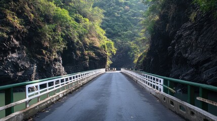 White metal guardrail bridge with a green road, surrounded by black rock walls along the riverbanks, scenic view