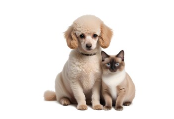 Obraz premium A young poodle and a cat sitting together, both looking at the camera with friendly expressions