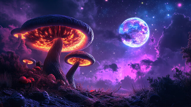 A dramatic night scene with dark clouds rolling in, a full moon casting eerie light over massive neon mushrooms, and colorful galaxies glowing faintly in the background.