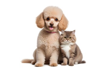 Obraz premium A young poodle and a cat sitting together, both looking at the camera with friendly expressions