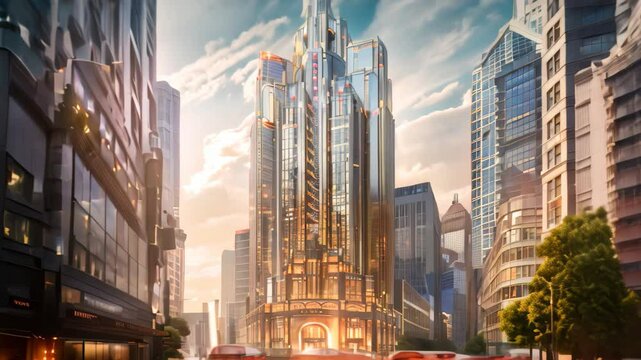 A rendering of a modern Art Deco skyscraper towering above a bustling city street, Art Deco masterpiece rising above the bustling city streets