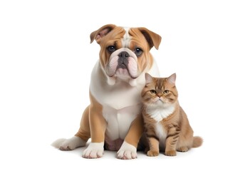 Obraz premium A young bulldog and a cat sitting together, both looking at the camera with friendly expressions