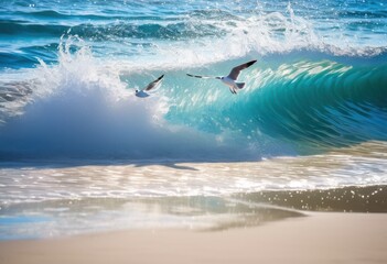 Naklejka premium dreamy blue waves gently lapping vibrant sandy shoreline under bright sunshine crystal clear skies, beach, coast, ocean, sky, clouds, water, surf