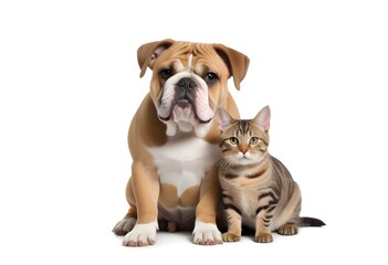 Fototapeta premium A young bulldog and a cat sitting together, both looking at the camera with friendly expressions