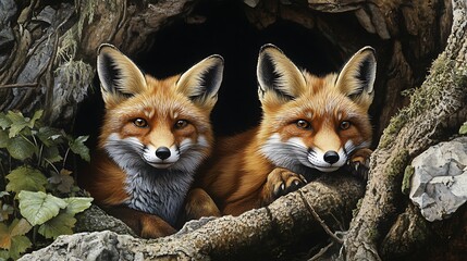 Fototapeta premium Two foxes resting in a cozy den, showcasing their vibrant fur and curious expressions.