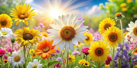 A Vibrant Tapestry of Sun-Kissed Blooms in a Field of Diverse Wildflowers Underneath a Clear Summer Sky