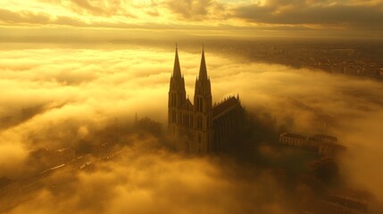 Fototapeta premium Church Towering Above a City Enveloped in Fog at Sunset