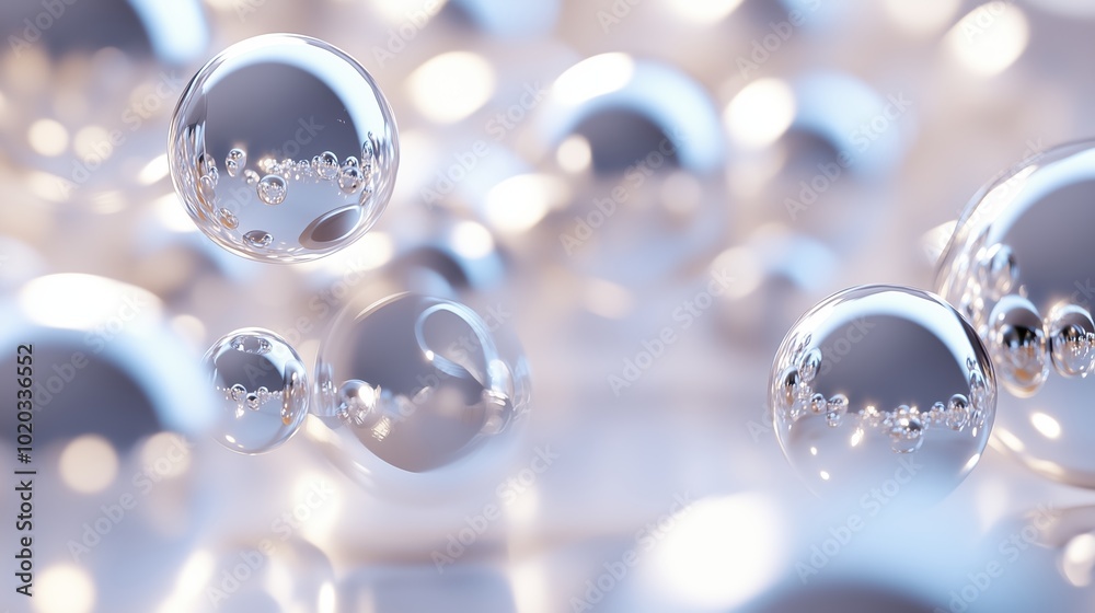 Poster close-up of floating water bubbles reflecting light with a soft background, creating an ethereal atm