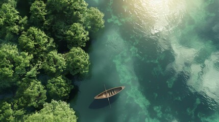 Serene River Landscape with Boat and Lush Forest