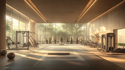 Fototapeta premium Expansive gym interior, balance between sleek exercise machines and large open areas, soft natural light from floor-to-ceiling windows, polished flooring, minimalist layout, neutral color palette,