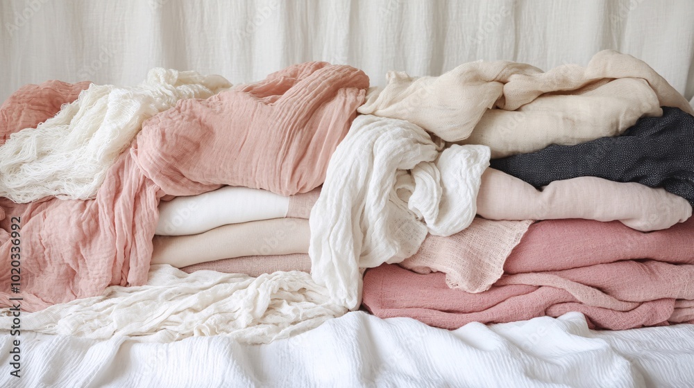 Poster contrast between a pile of chemically treated clothing waste and a small display of sustainable fabr