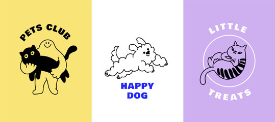 Funny pets, dogs and cats, vector illustration in trendy flat simple linear style, funny mascot and cartoon character, friendly sticker and badge for advertising, social media

