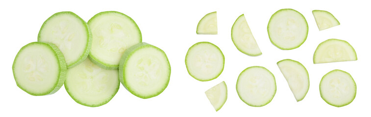 zucchini or marrow slices isolated on white background with full depth of field. Top view. Flat lay