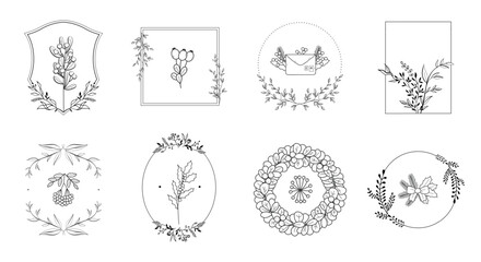Minimalist frame designs showcase blooming flowers and hand-drawn leaves, perfect for enhancing invitations, cards, and artistic projects