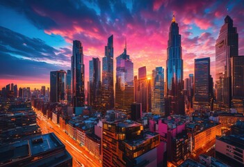 Obraz premium stunning sunrise over vibrant cityscapes showcasing striking architecture colorful skies dynamic urban elements, skyline, buildings, modern, rooftops