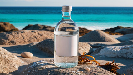 Obraz premium A bottle of mineral water standing on a rocky beach with the ocean in the background.