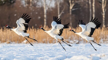 Three cranes gracefully flying over a snowy landscape with tall grasses in the background.