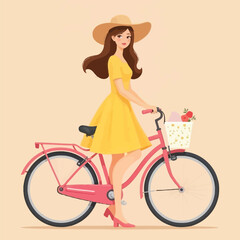 Girl With Bicycle With Flowers Flat Character Illustration
