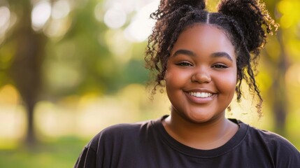 Happy girl with curly hair smiling in a sunlit park during a beautiful day Generative AI