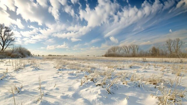 A vast winter field covered in fresh snow, with a blue sky and fluffy clouds overhead, Barren winter field blanketed in fresh snow