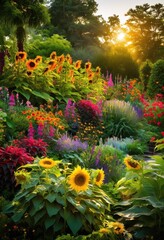 stunning vibrant garden layers diverse plant variations showcasing richness colorful beauty, plants, flowers, greenery, landscape, nature, colors